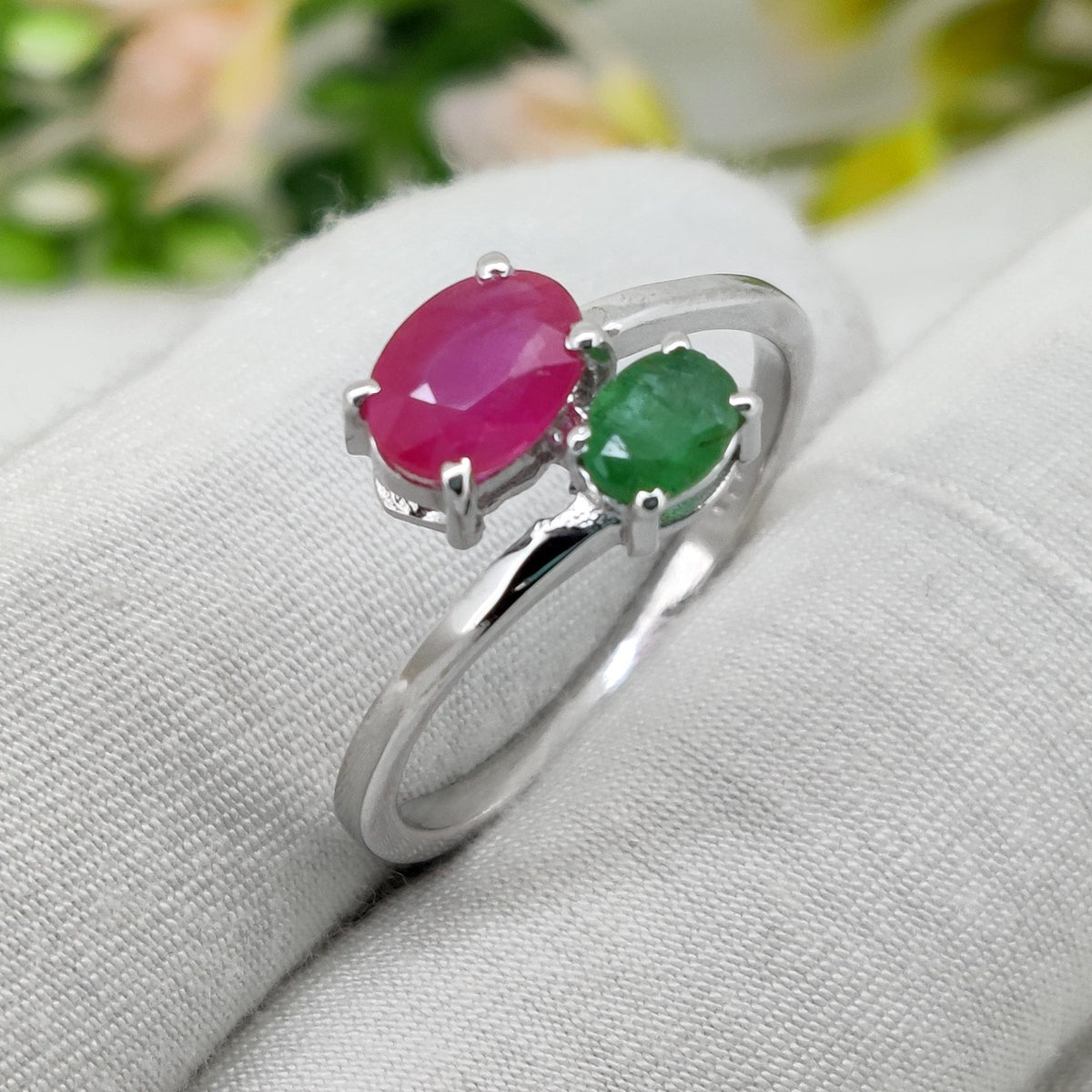 Oval Ruby Emerald Sterling Silver Two Stone Ring, July May Birthstone Jewelry