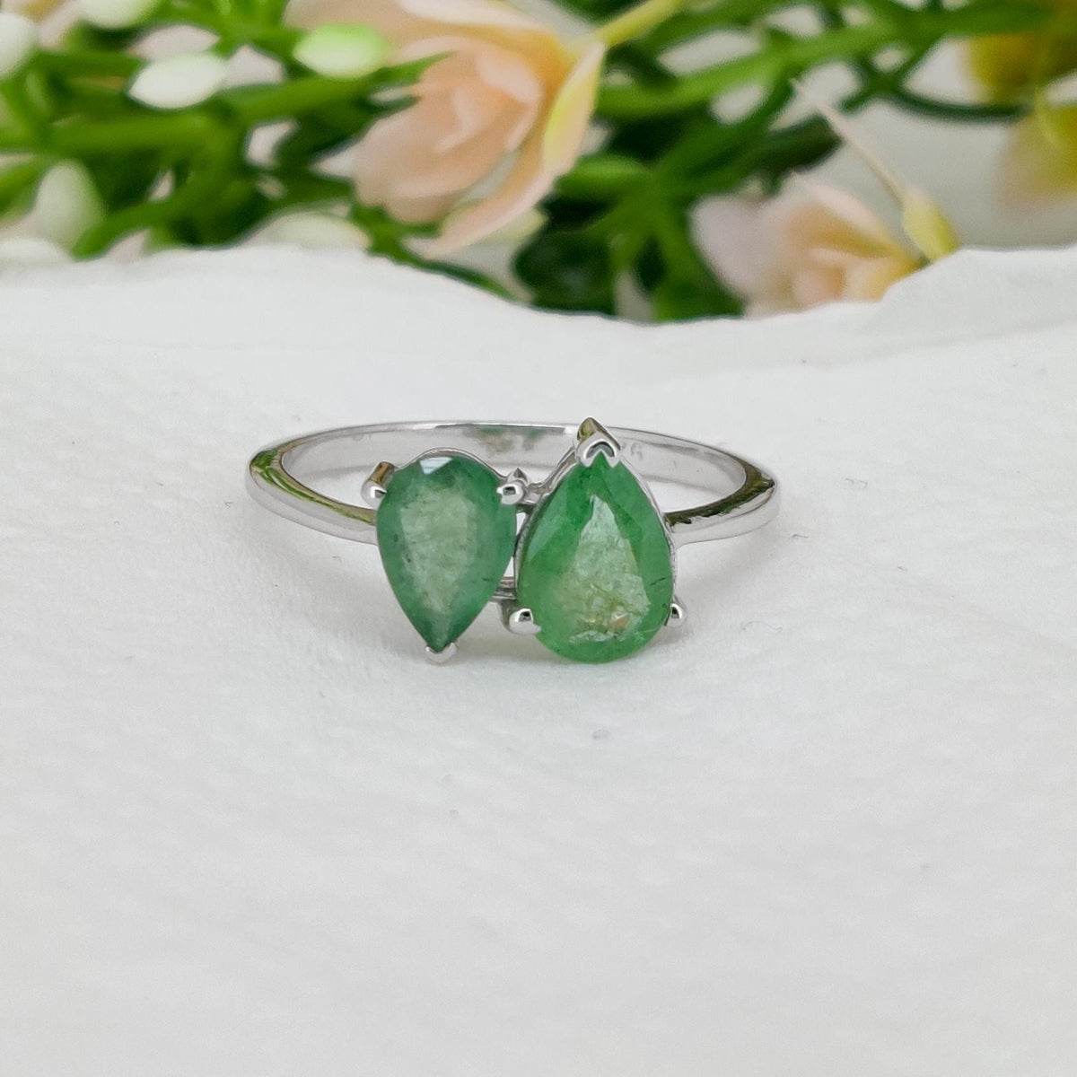 Natural Emerald Sterling Silver Ring, Toi Et Moi Ring, May  Birthstone