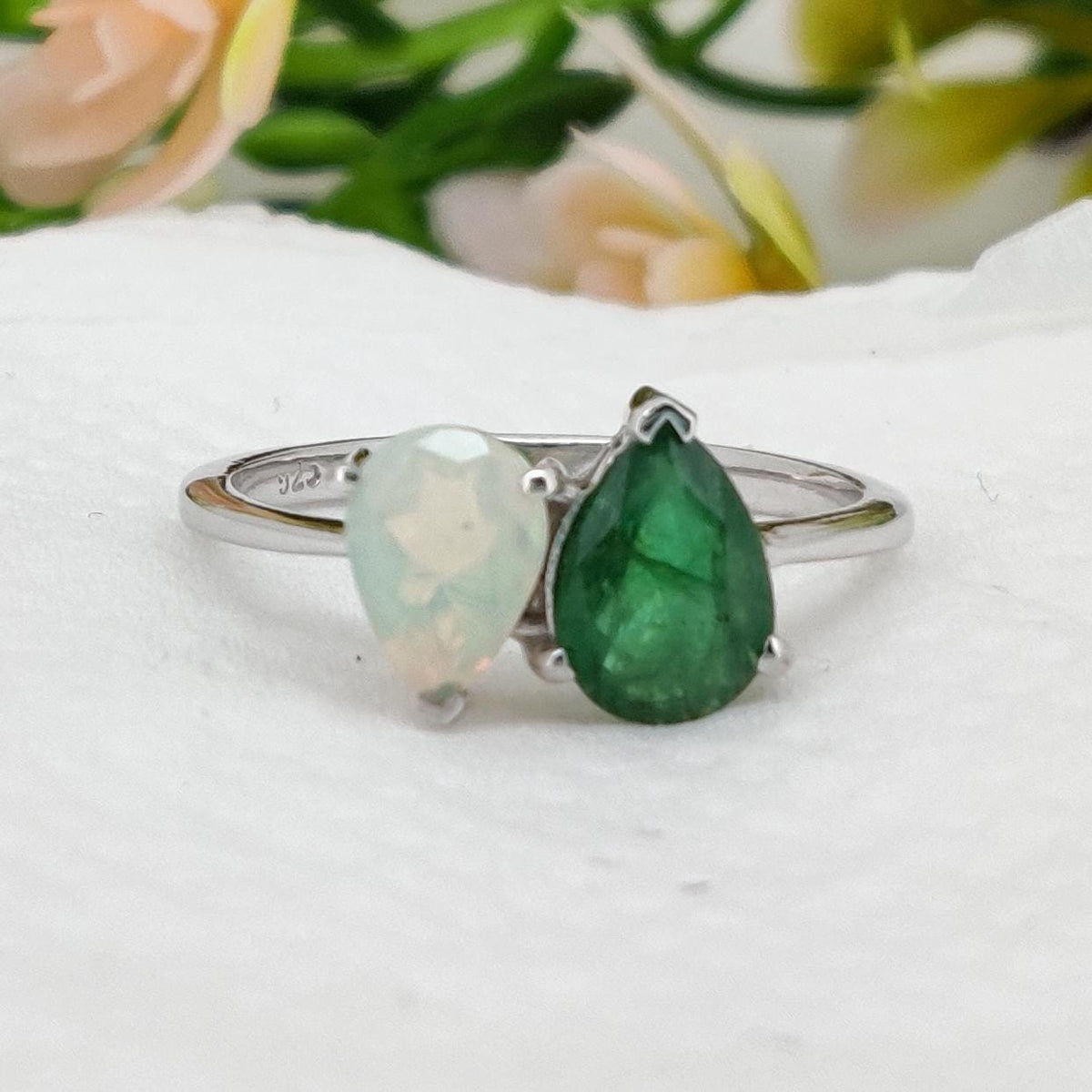 Emerald & Opal Sterling Silver Ring, Pear Cut Band Jewelry, May  Birthstone