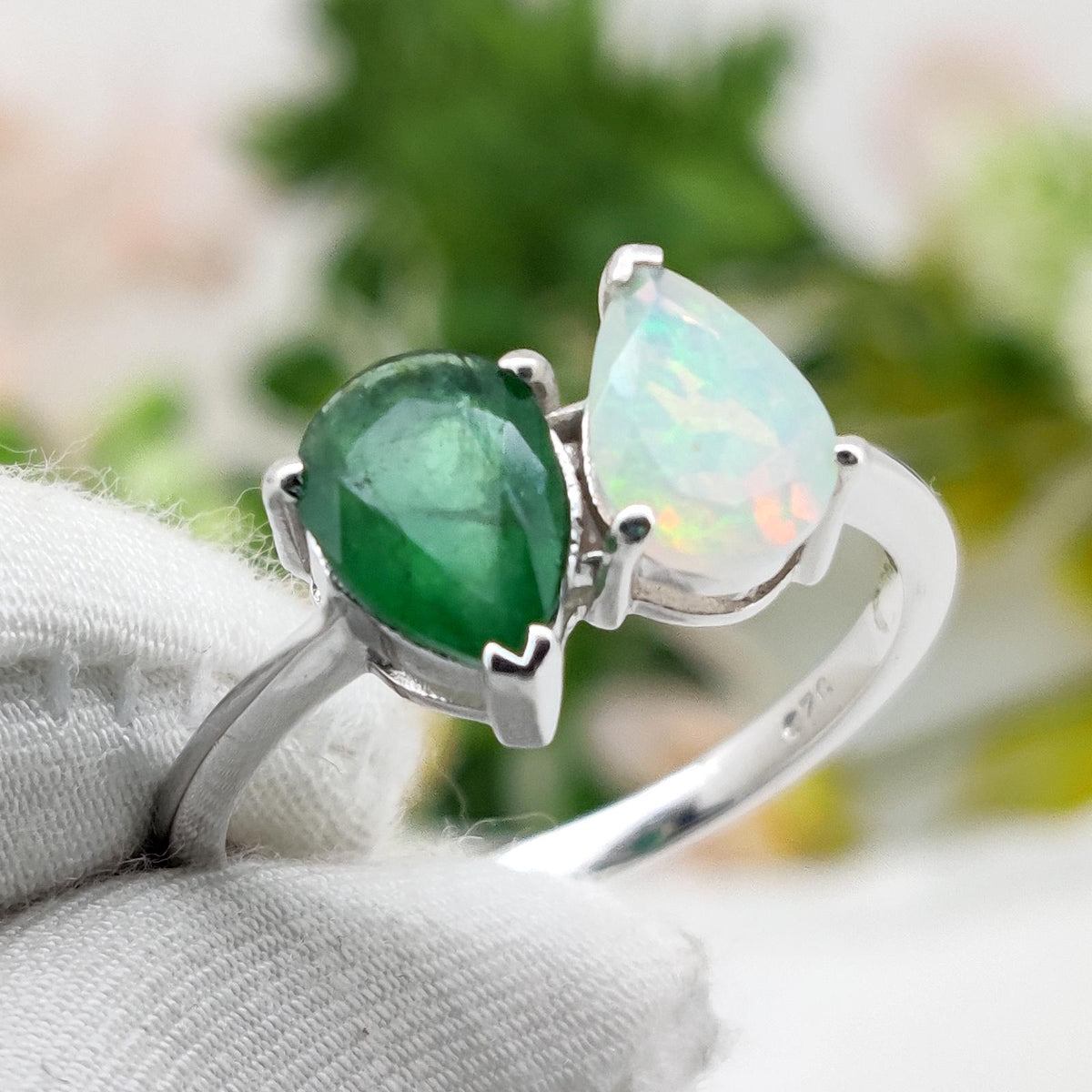 Emerald & Opal Sterling Silver Ring, Pear Cut Band Jewelry, May  Birthstone