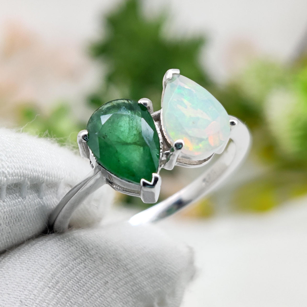 Emerald & Opal Sterling Silver Ring, Pear Cut Band Jewelry, May  Birthstone