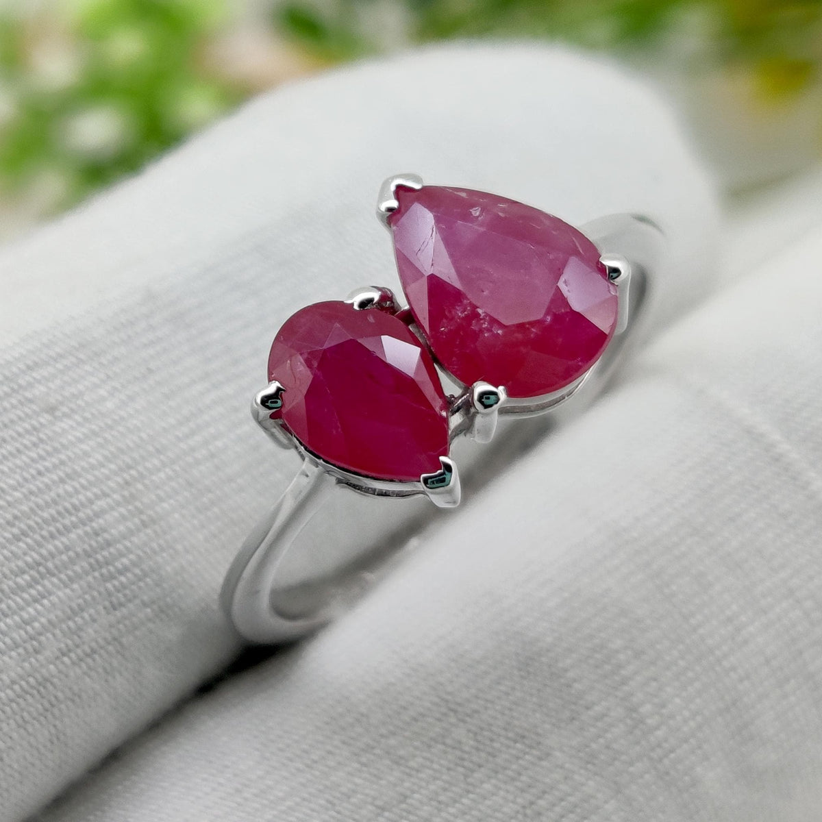 Pear Cut Ruby Ring, Sterling Silver, Double Gemstone, July Birthstone