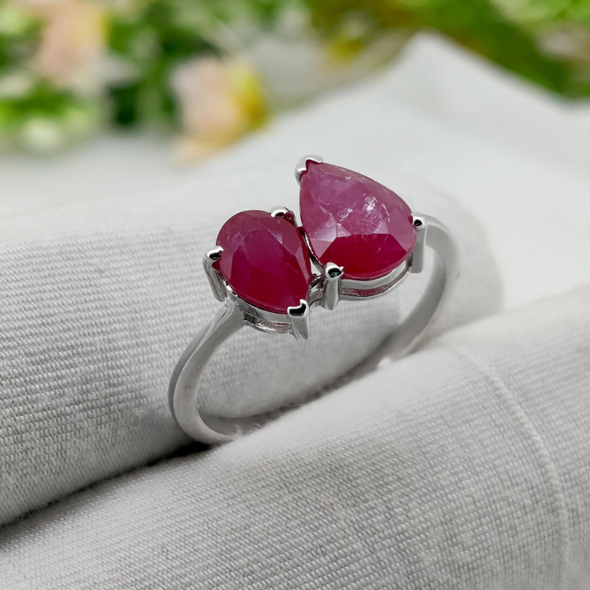 Pear Cut Ruby Ring, Sterling Silver, Double Gemstone, July Birthstone