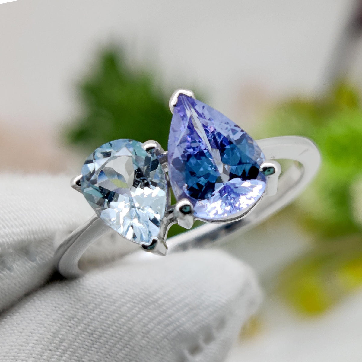 Tanzanite & Aquamarine Ring, 925 Sterling Silver, Multi Stone Band Jewelry, Birthstone Gift