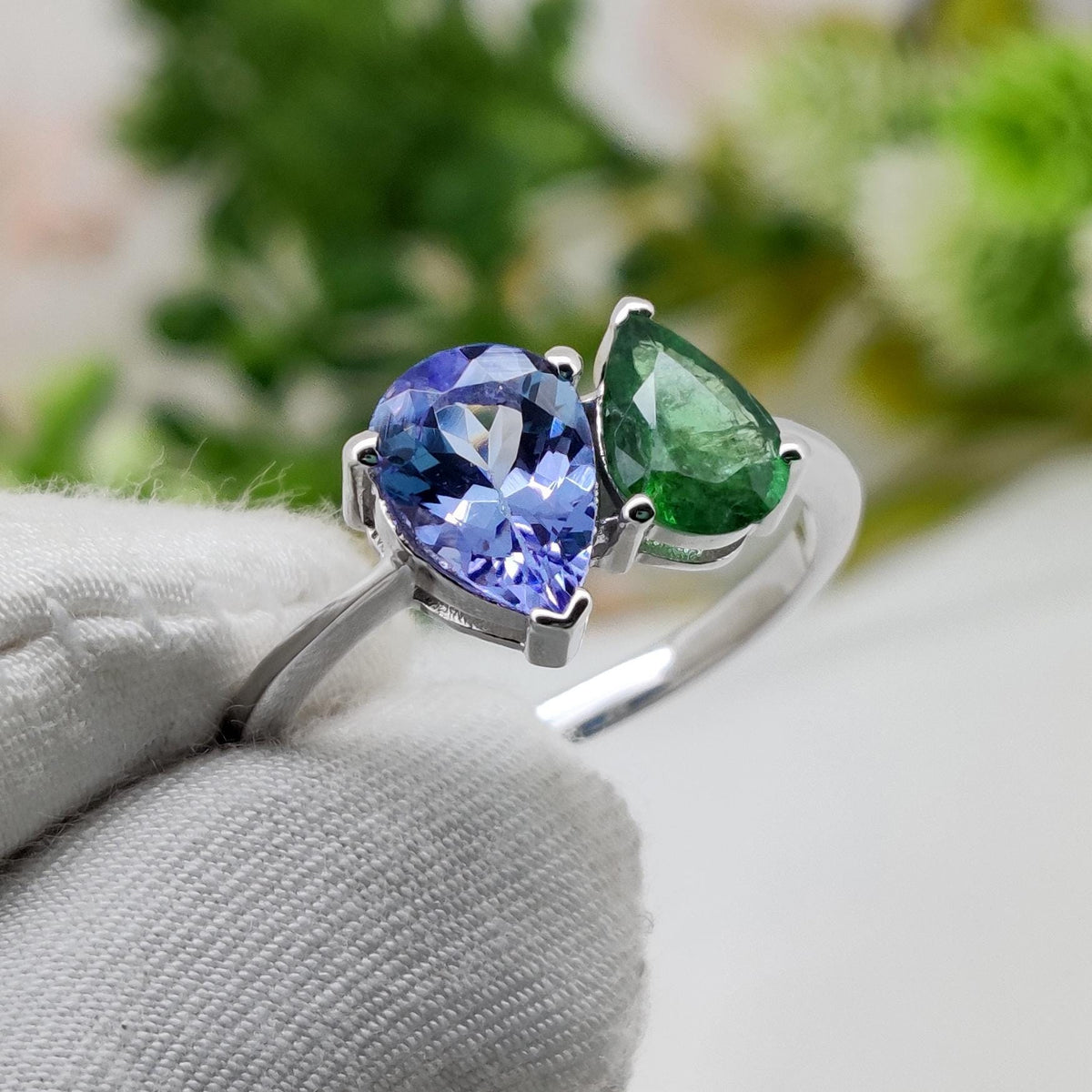 Tanzanite & Emerald Ring, 925 Sterling Silver, Multi Stone Band Jewelry, Birthstone Gift
