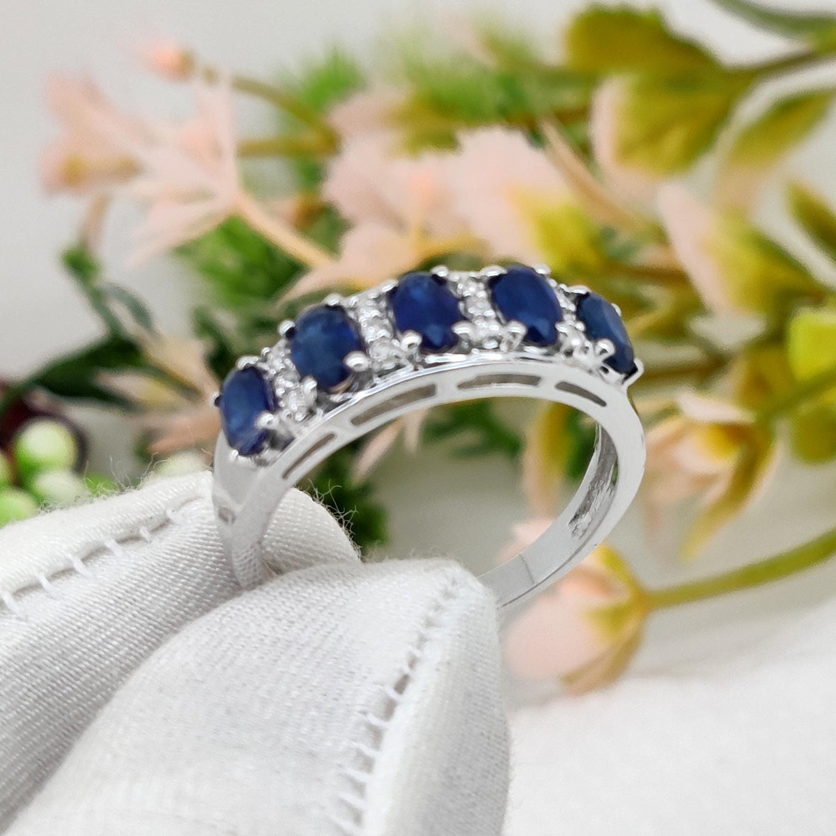 Natural Blue Sapphire Ring, Sterling Silver, Oval Gemstone Stacking Band, Sapphire Jewelry, September Birthstone