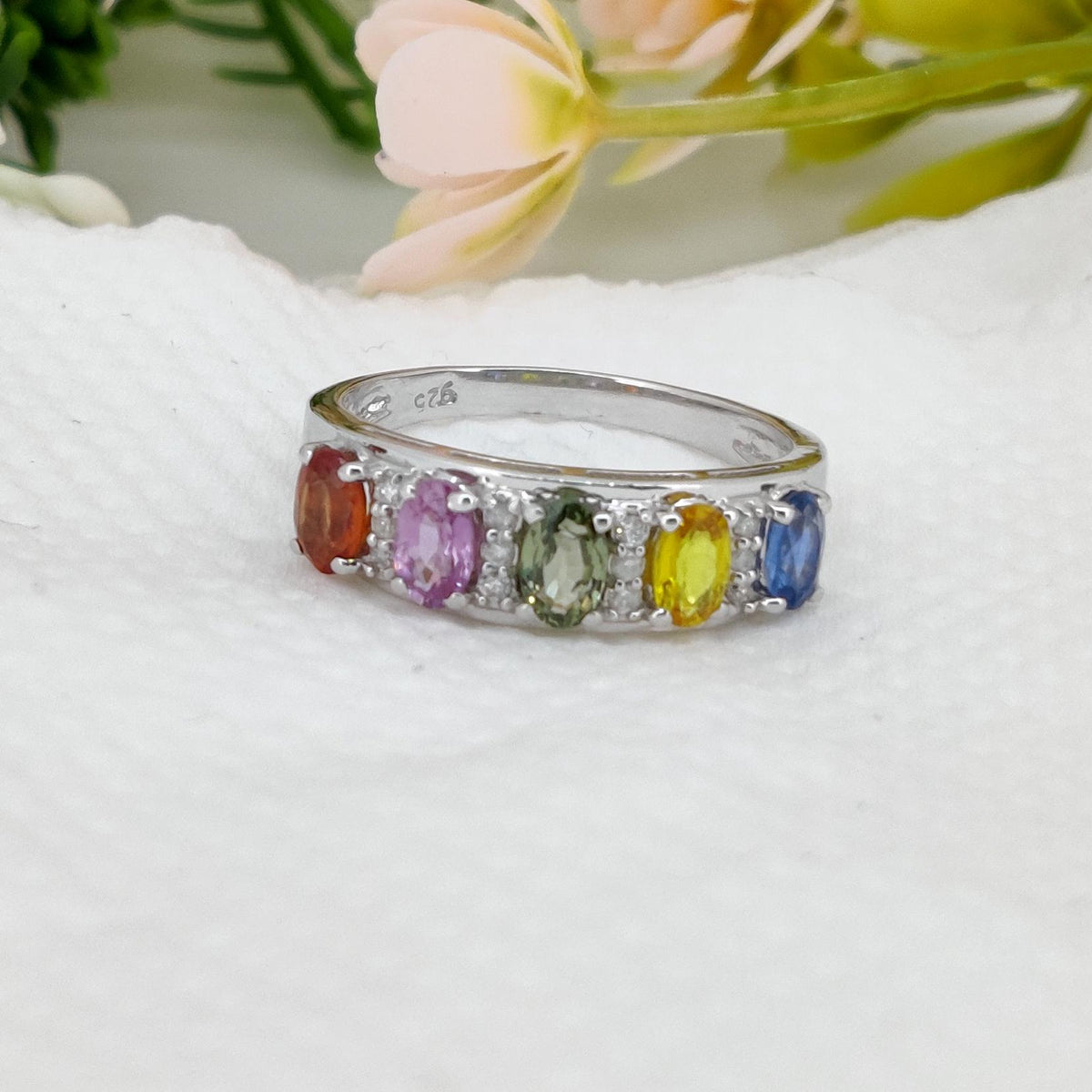 Multi Sapphire Ring, 925 Sterling Silver, Oval Gemstone Stacking Band, Sapphire Jewelry, September Birthstone