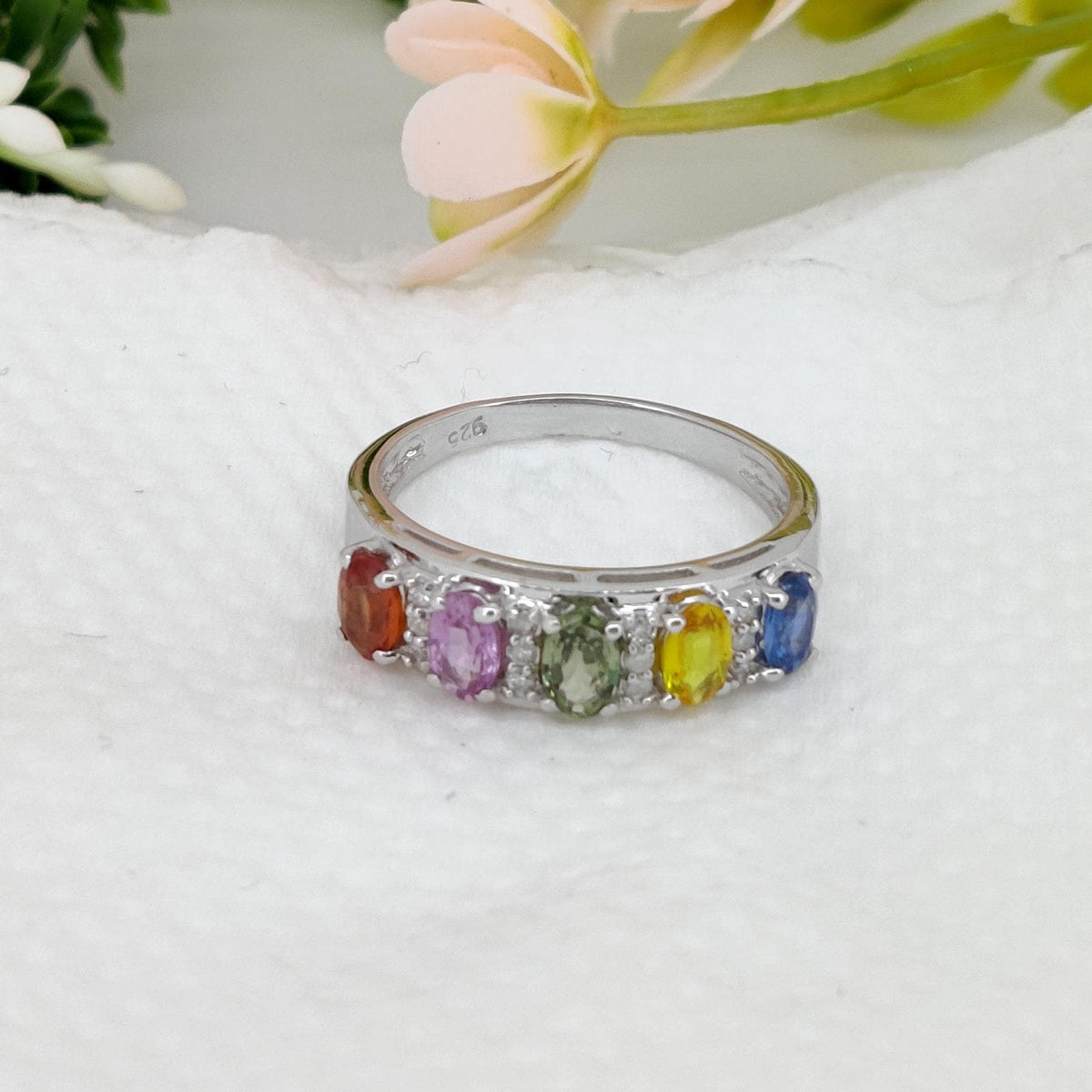 Multi Sapphire Ring, 925 Sterling Silver, Oval Gemstone Stacking Band, Sapphire Jewelry, September Birthstone