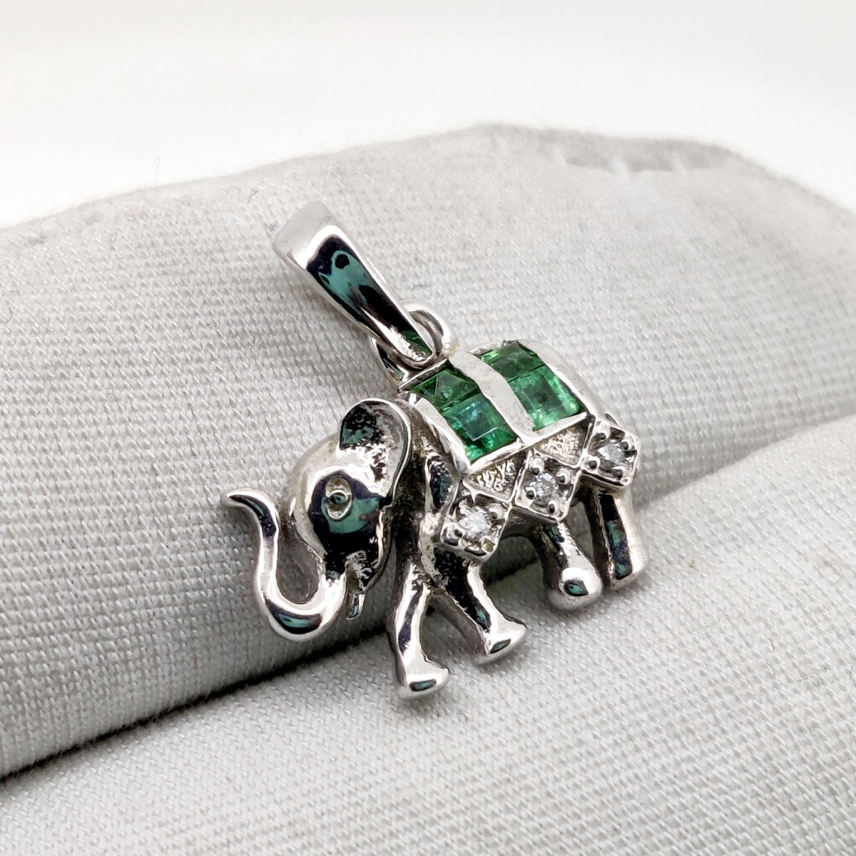 Emerald Elephant Pendant, Handmade Sterling Silver, Green Emerald Jewelry, May Birthstone, Anniversary Gift