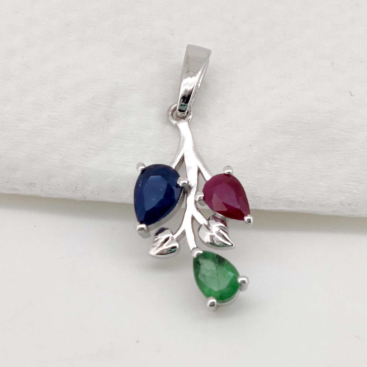 Ruby - Emerald - Sapphire Pendant, Sterling Silver Leaf Necklace, Multi Stone Birthstone Jewelry, Anniversary Gift