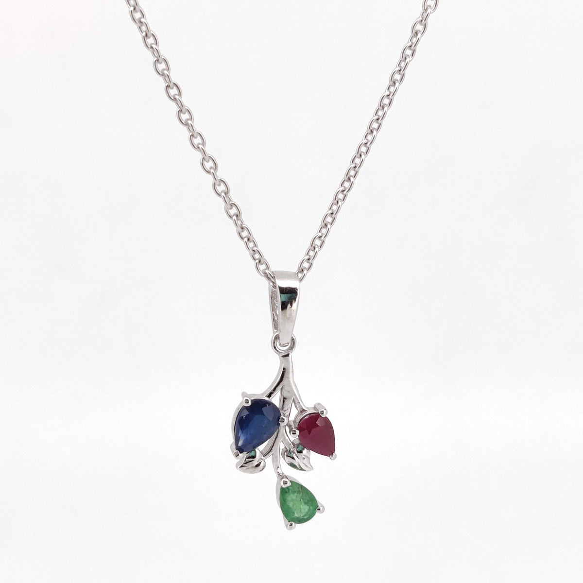 Ruby - Emerald - Sapphire Pendant, Sterling Silver Leaf Necklace, Multi Stone Birthstone Jewelry, Anniversary Gift