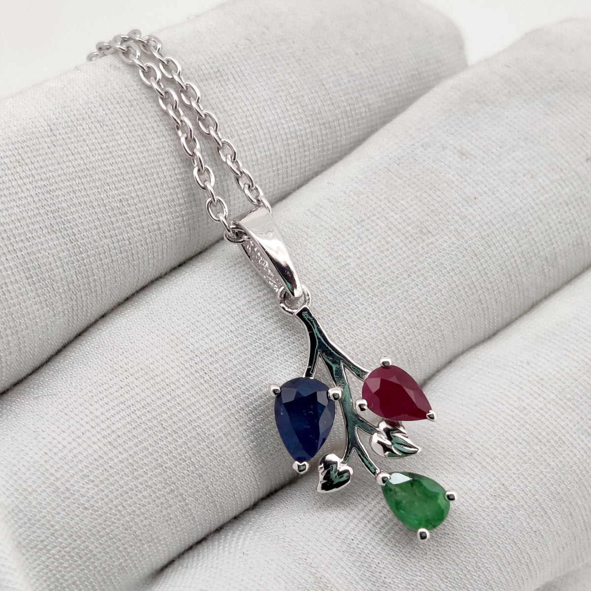Ruby - Emerald - Sapphire Pendant, Sterling Silver Leaf Necklace, Multi Stone Birthstone Jewelry, Anniversary Gift