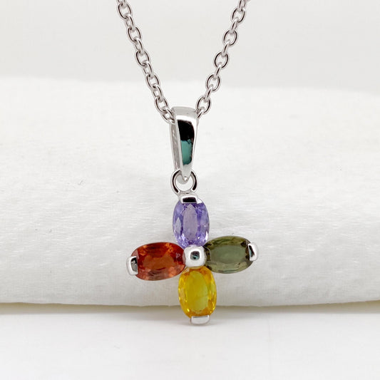 Sterling Silver Oval Cut Multi Sapphire Pendant, September Birthstone Jewelry