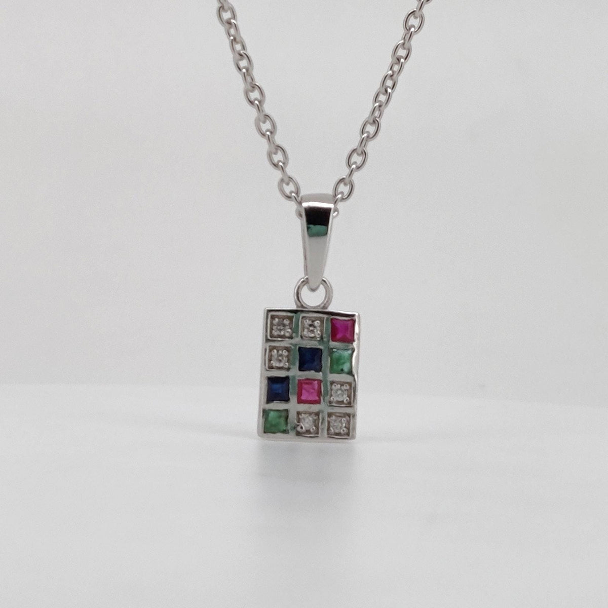 Sterling Silver Multi Gemstone Square Pendant: Ruby, Emerald, Sapphire, Diamond Jewelry