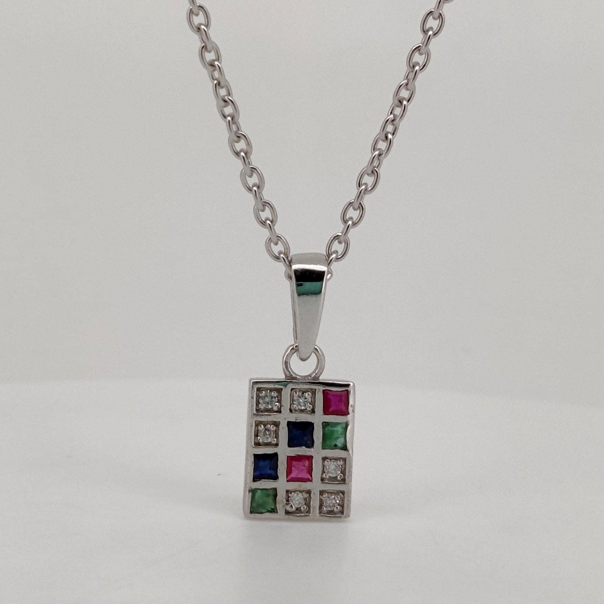Sterling Silver Multi Gemstone Square Pendant: Ruby, Emerald, Sapphire, Diamond Jewelry