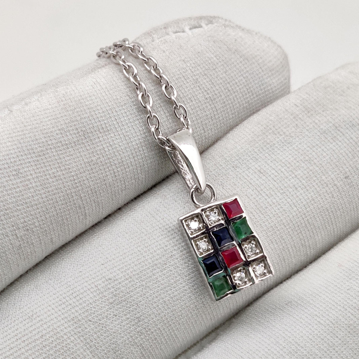 Sterling Silver Multi Gemstone Square Pendant: Ruby, Emerald, Sapphire, Diamond Jewelry