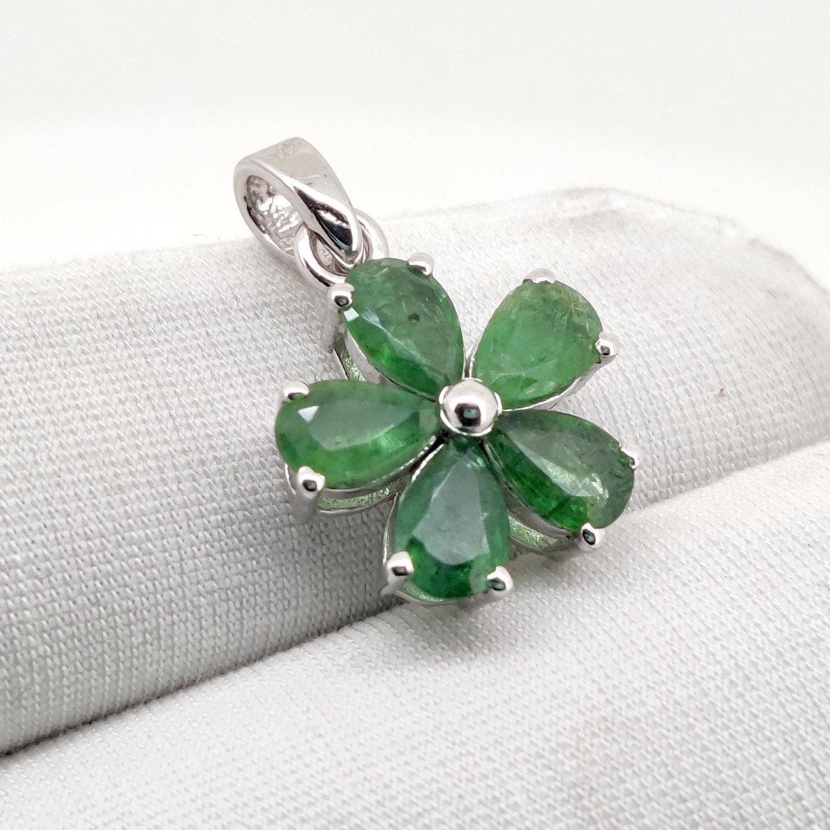 Emerald Flower Pendant, Handmade Sterling Silver, Green Emerald Jewelry, May Birthstone, Anniversary Gift