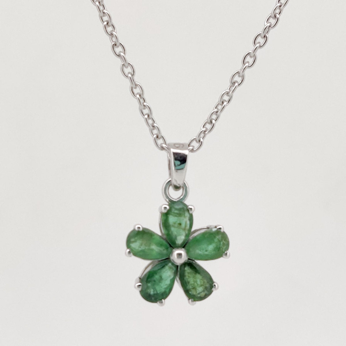 Emerald Flower Pendant, Handmade Sterling Silver, Green Emerald Jewelry, May Birthstone, Anniversary Gift