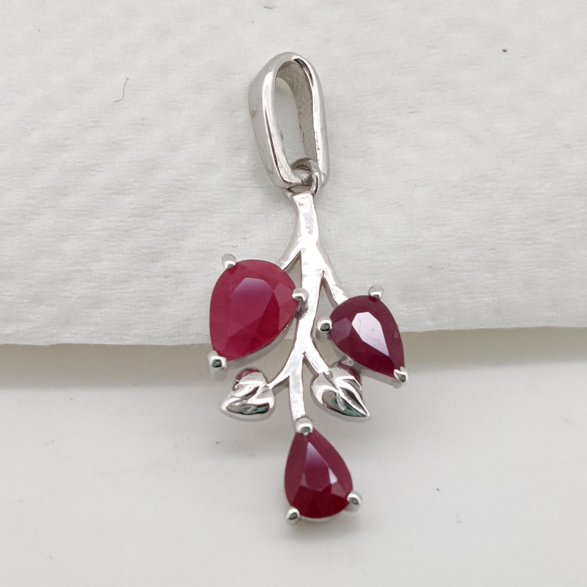Ruby Sterling Silver Leaf Pendant Necklace, Pear Cut Ruby Gemstone, Nature Inspired Jewelry