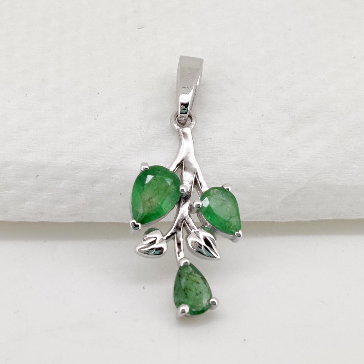 Natural Emerald Pendant, Sterling Silver Leaf Necklace, Green Emerald Jewelry, May Birthstone, Anniversary Gift