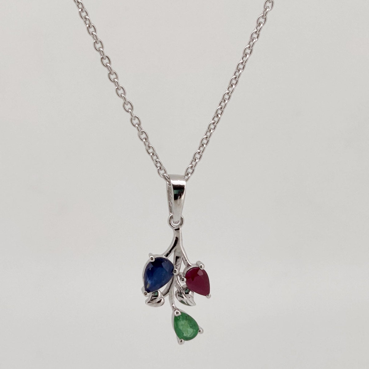 Ruby - Emerald - Sapphire Pendant, Sterling Silver Leaf Necklace, Multi Stone Birthstone Jewelry, Anniversary Gift