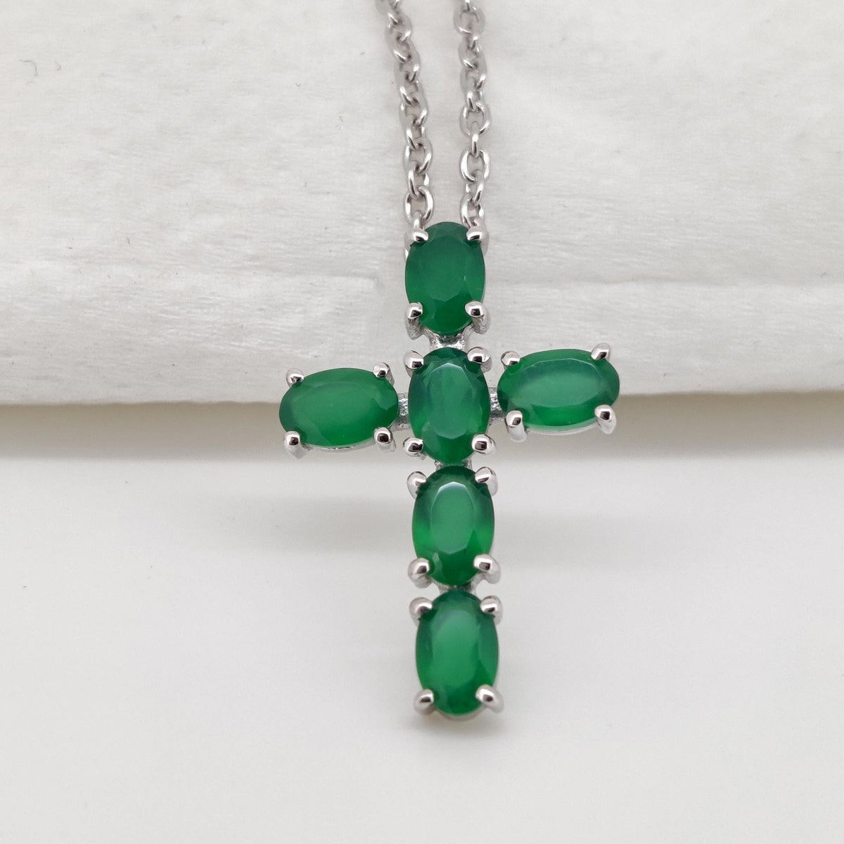 Sterling Silver Cross Necklace, Oval Emerald Gemstone Charm Handmade Jewelry Pendant