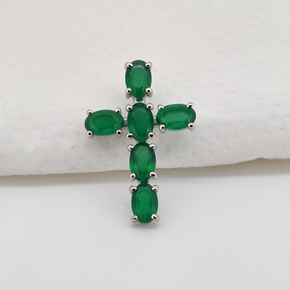 Sterling Silver Cross Necklace, Oval Emerald Gemstone Charm Handmade Jewelry Pendant