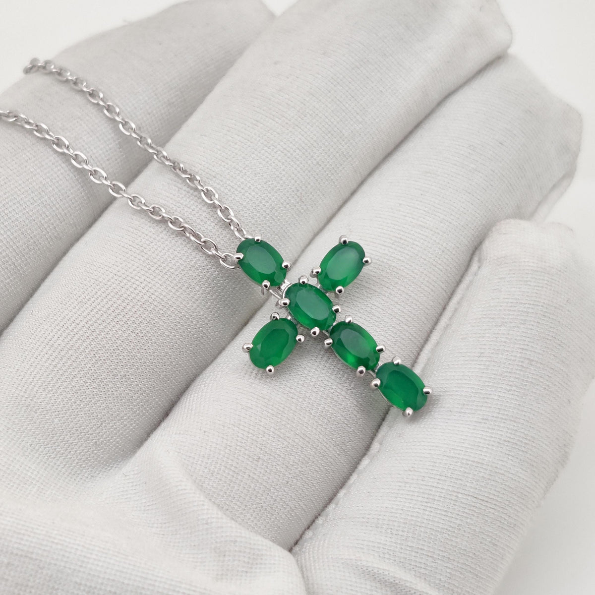 Sterling Silver Cross Necklace, Oval Emerald Gemstone Charm Handmade Jewelry Pendant