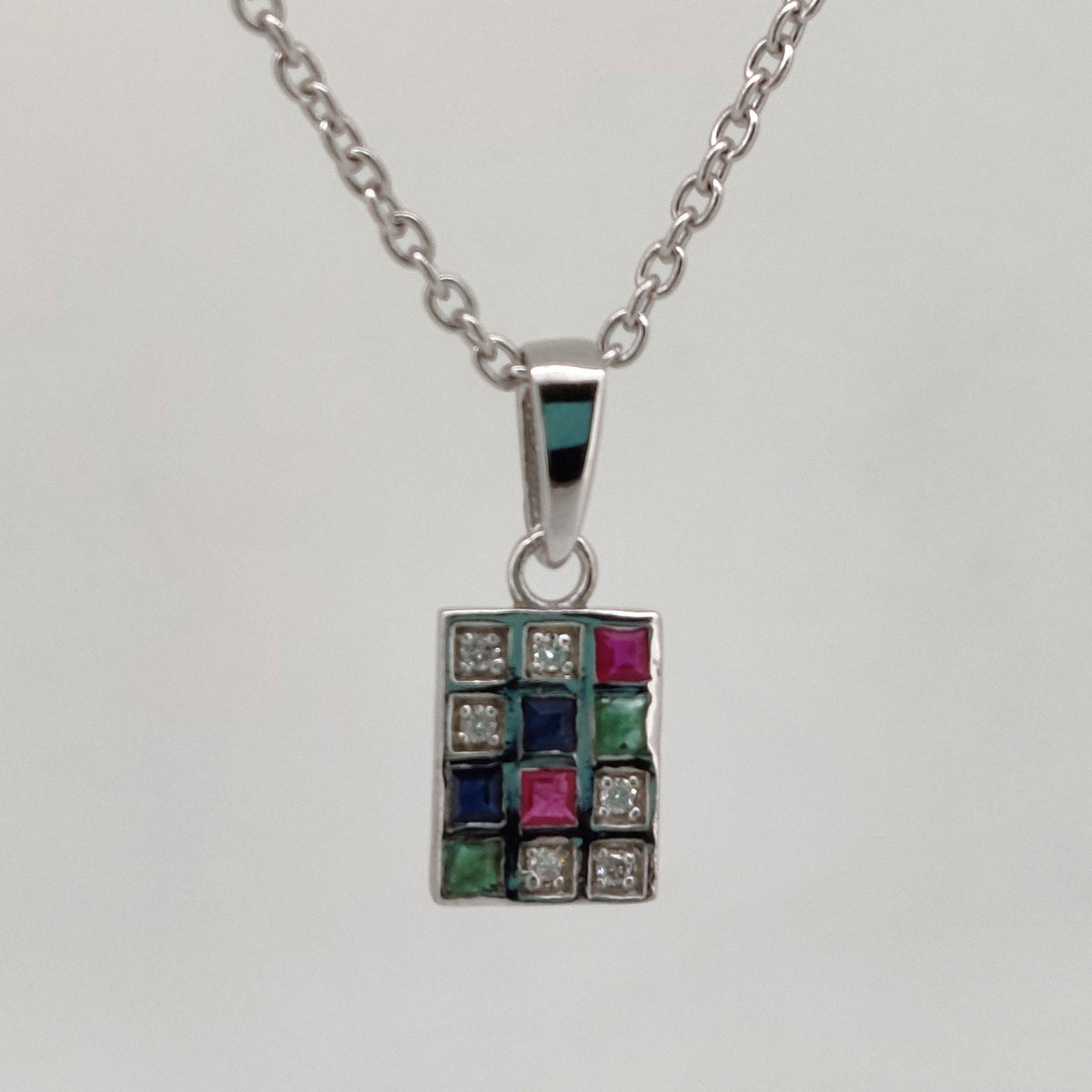 Sterling Silver Multi Gemstone Square Pendant: Ruby, Emerald, Sapphire, Diamond Jewelry