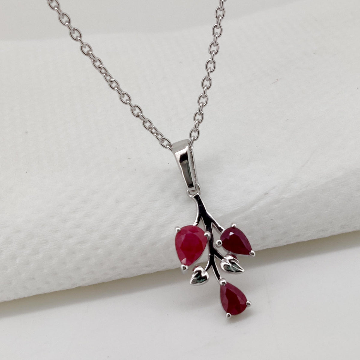 Ruby Sterling Silver Leaf Pendant Necklace, Pear Cut Ruby Gemstone, Nature Inspired Jewelry
