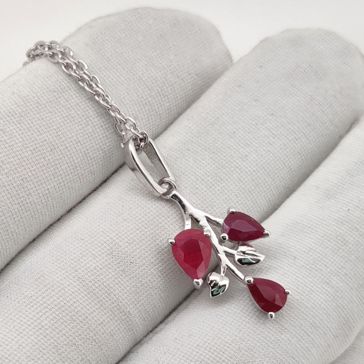 Ruby Sterling Silver Leaf Pendant Necklace, Pear Cut Ruby Gemstone, Nature Inspired Jewelry