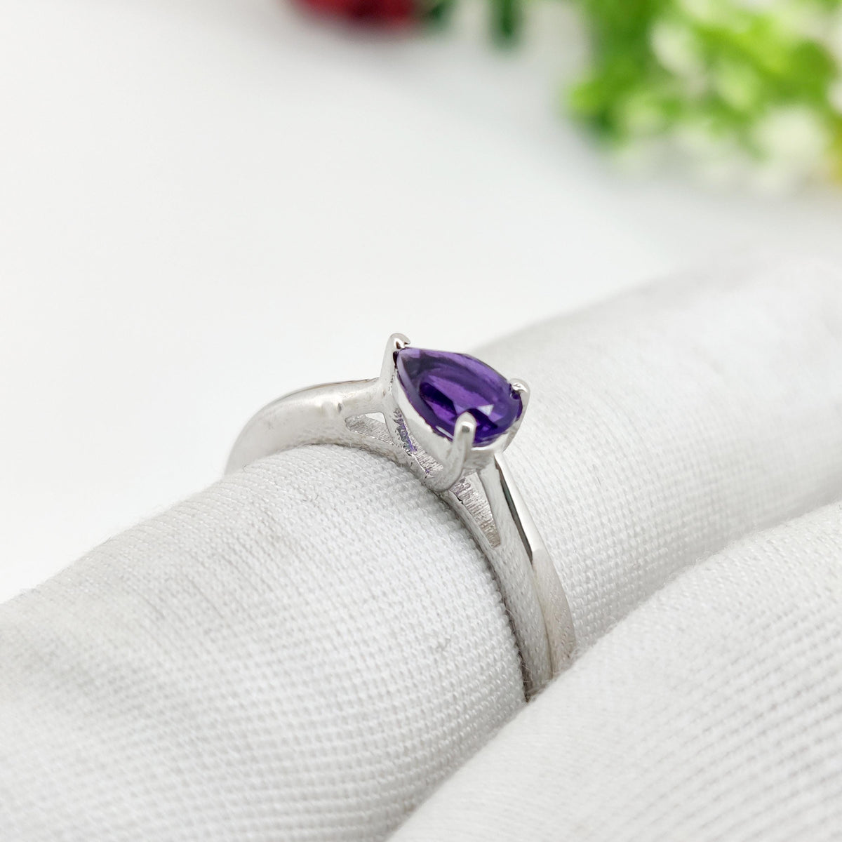 African Amethyst Sterling Silver Ring: Pear Gemstone Stacking Band, Gifts For Her
