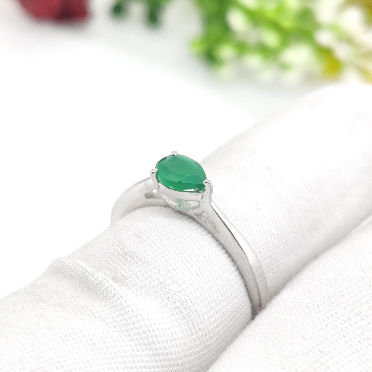 Green Onyx Sterling Silver Ring: Pear Gemstone Stacking Band Jewelry, May Birthstone Gift