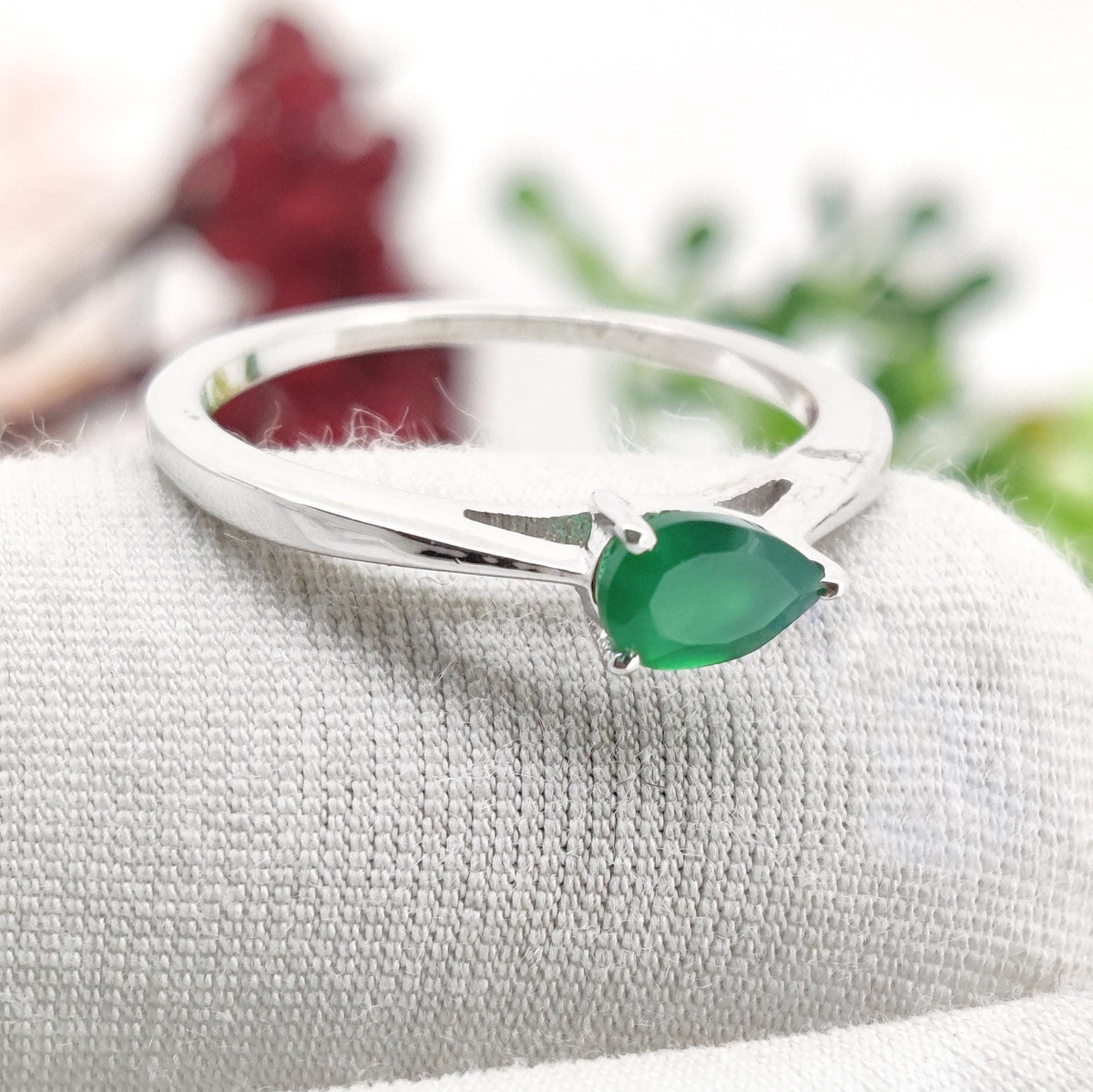 Green Onyx Sterling Silver Ring: Pear Gemstone Stacking Band Jewelry, May Birthstone Gift