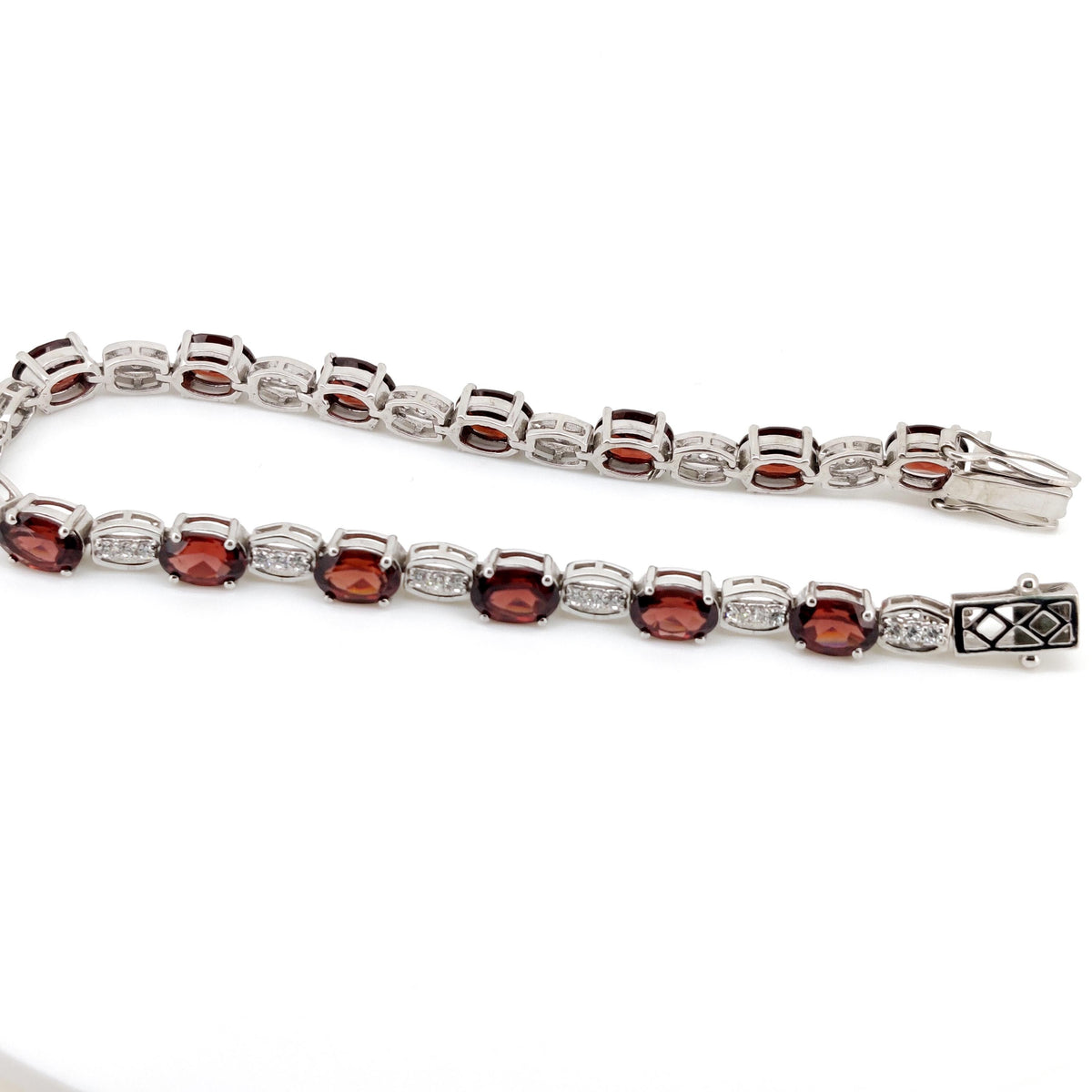 Oval Garnet Tennis Bracelet, Sterling Silver, January Birthstone, Double Safety Clasp