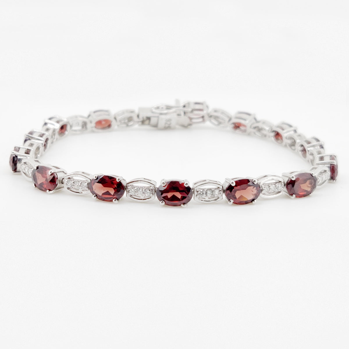 Oval Garnet Tennis Bracelet, Sterling Silver, January Birthstone, Double Safety Clasp