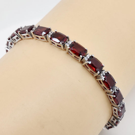 Natural Red Garnet Tennis Bracelet, 925 Sterling Silver, Cushion Cut, January Birthstone