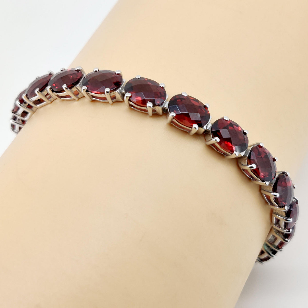 Garnet Tennis Bracelet, Sterling Silver, January Birthstone, Oval Red Gemstone Fine Jewelry