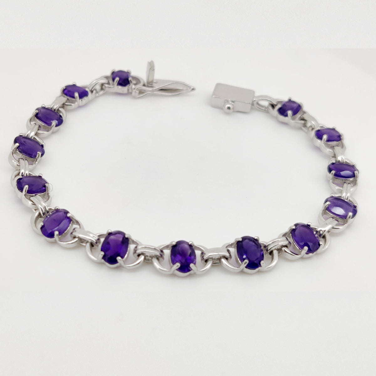 Natural Amethyst Tennis Bracelet, 7x5 mm Oval Gemstone, Sterling Silver, February Birthstone