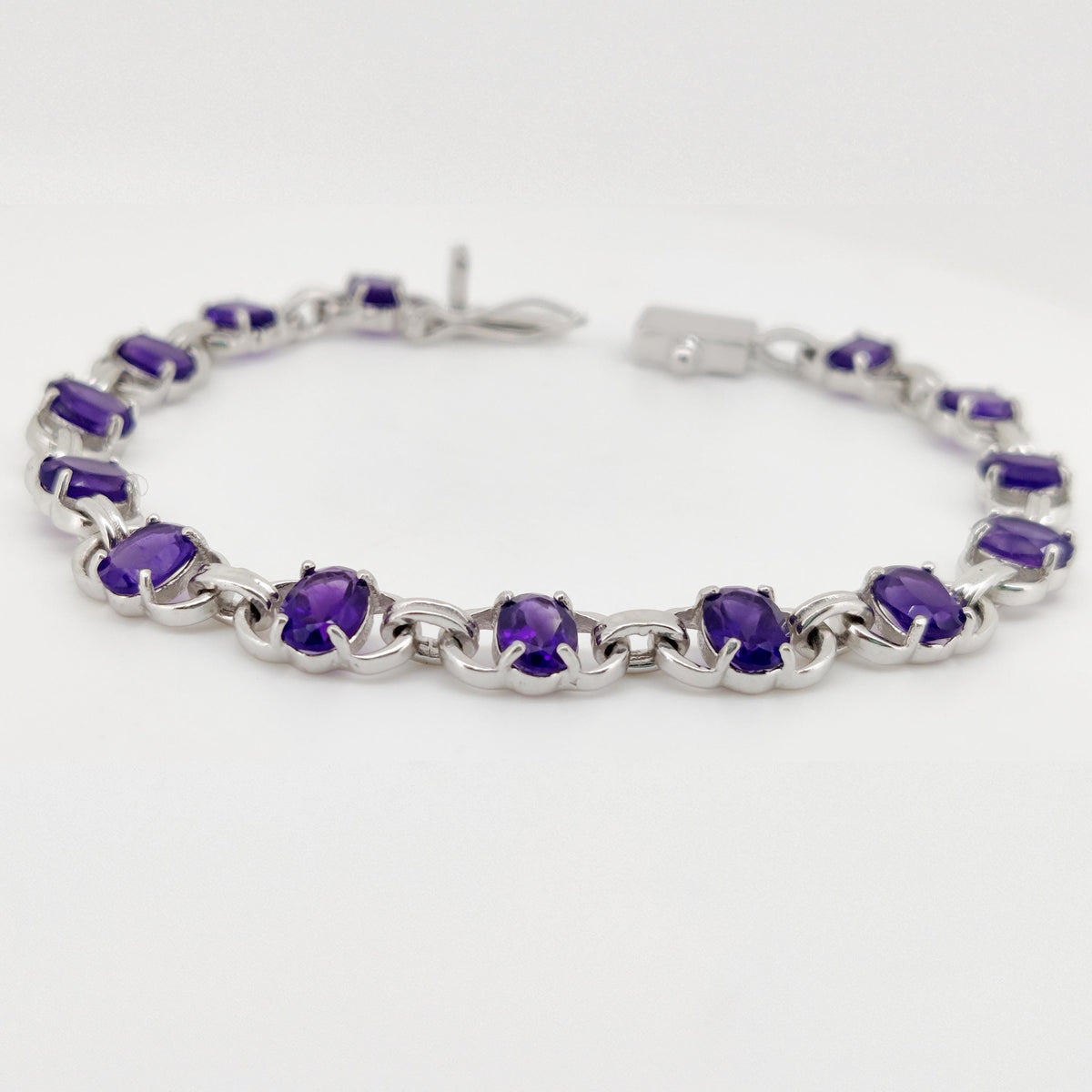 Natural Amethyst Tennis Bracelet, 7x5 mm Oval Gemstone, Sterling Silver, February Birthstone