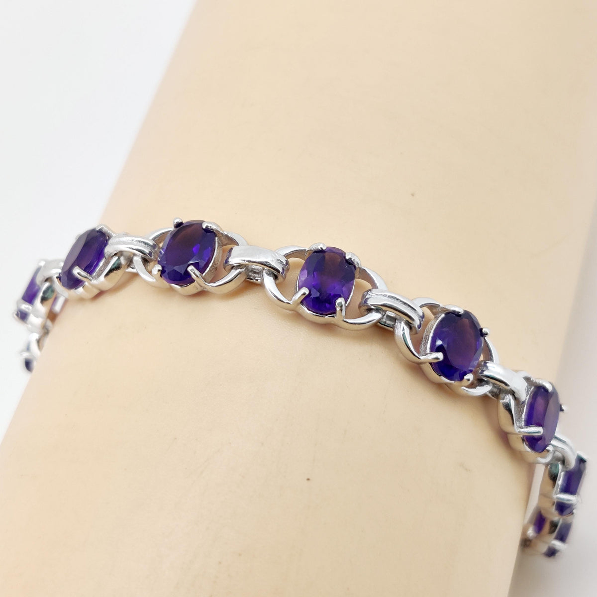 Natural Amethyst Tennis Bracelet, 7x5 mm Oval Gemstone, Sterling Silver, February Birthstone