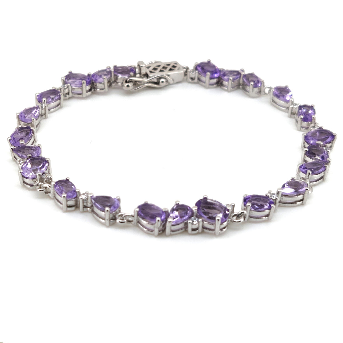 Natural Amethyst Tennis Bracelet, Sterling Silver, Oval Pear Gemstones, February Birthstone