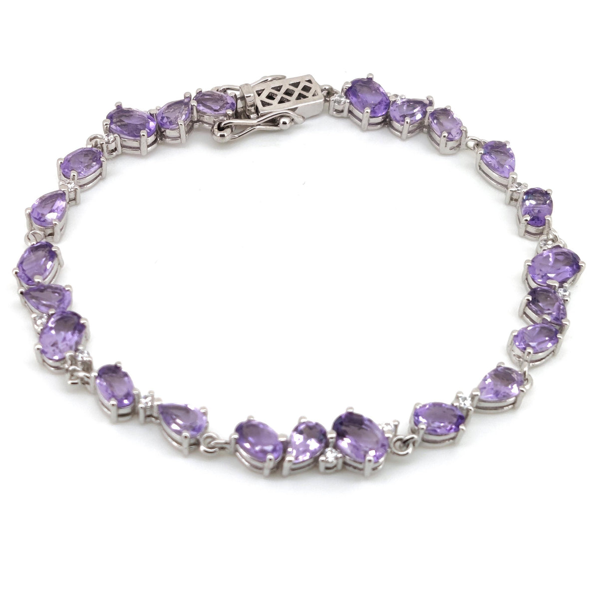 Natural Amethyst Tennis Bracelet, Sterling Silver, Oval Pear Gemstones, February Birthstone