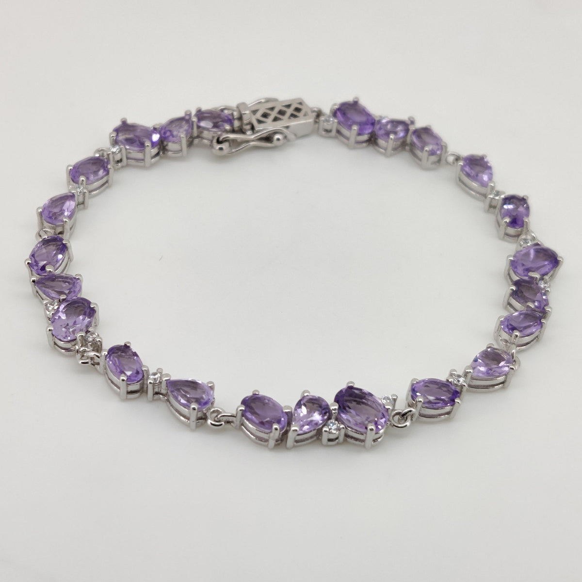 Natural Amethyst Tennis Bracelet, Sterling Silver, Oval Pear Gemstones, February Birthstone
