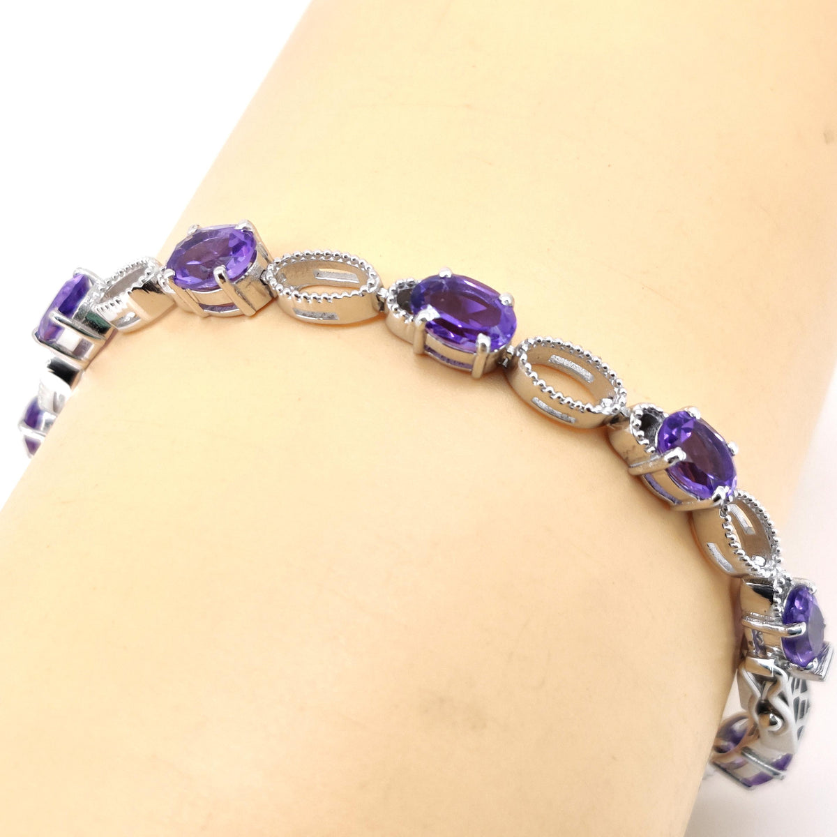 Natural Amethyst Tennis Bracelet, 7x5mm Oval Gemstone, Sterling Silver, February Birthstone