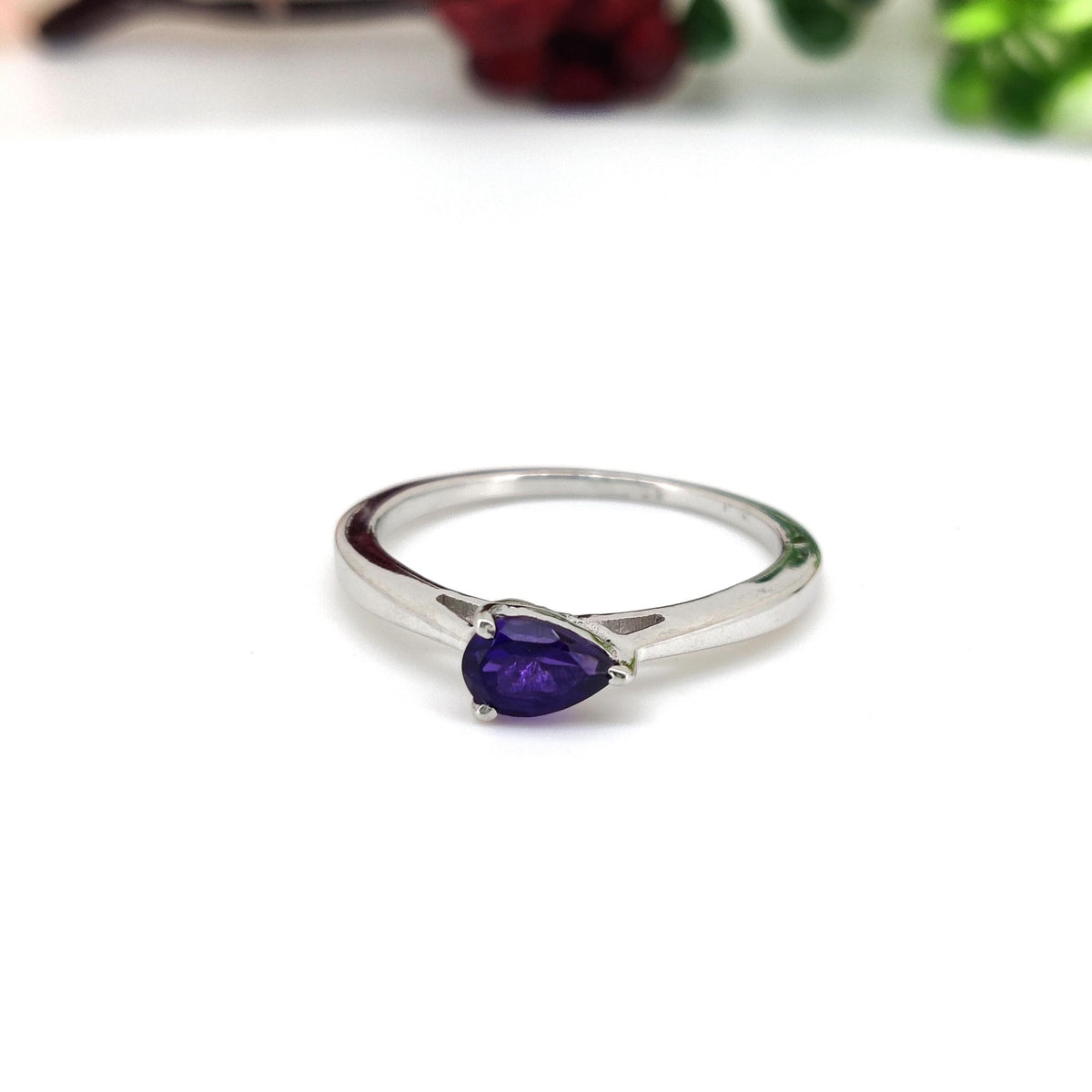 African Amethyst Sterling Silver Ring: Pear Gemstone Stacking Band, Gifts For Her