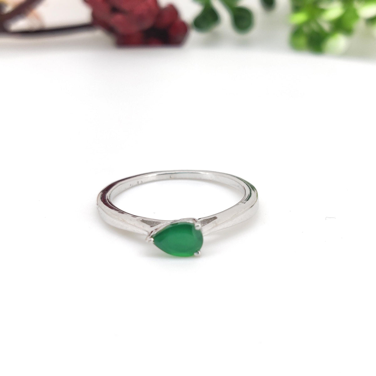Green Onyx Sterling Silver Ring: Pear Gemstone Stacking Band Jewelry, May Birthstone Gift