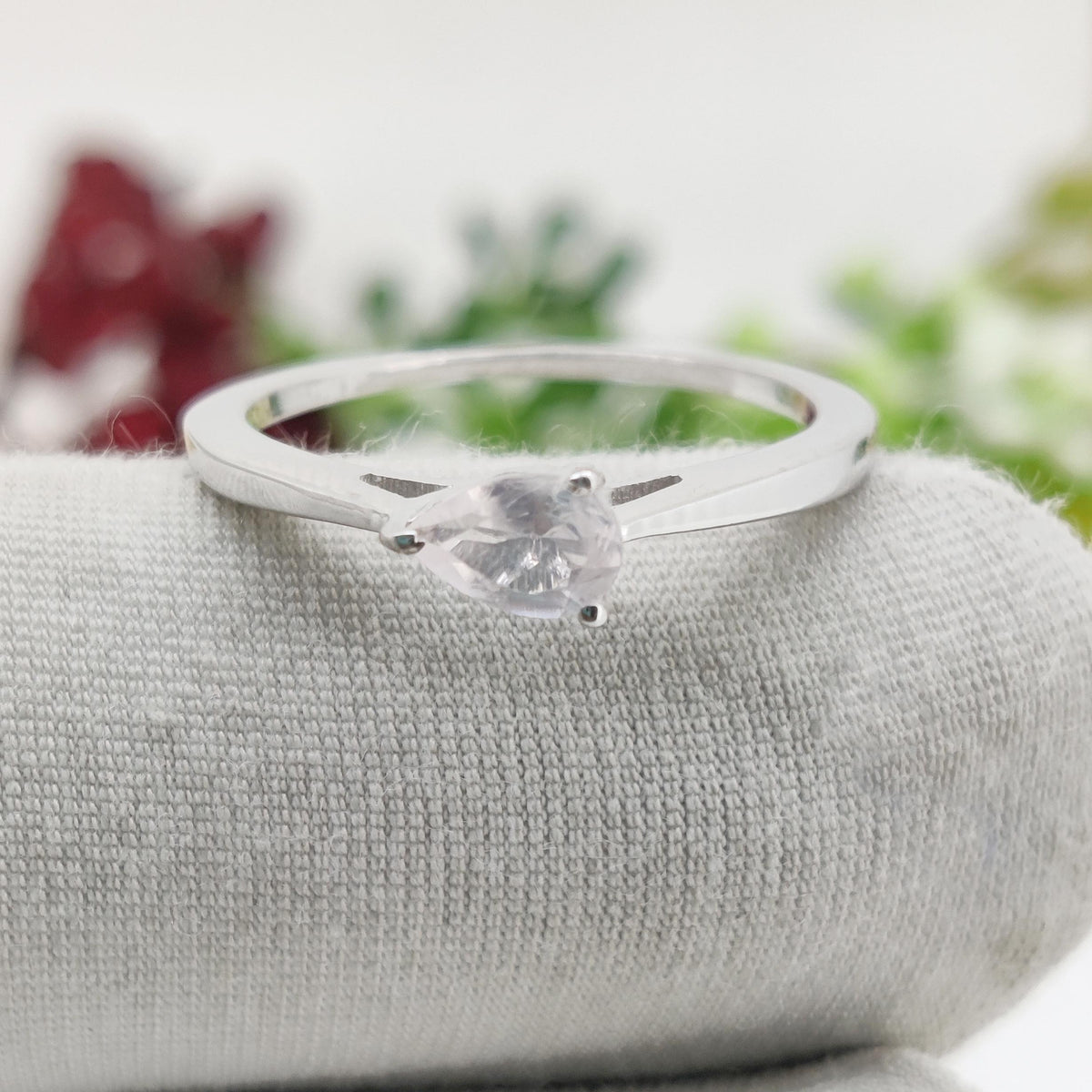 Rose Quartz Sterling Silver Ring: Pear Gemstone Stacking Band Jewelry, January Birthstone Gift