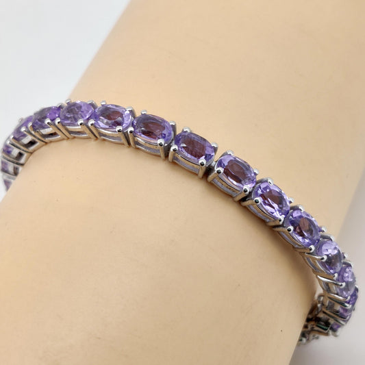 Natural Amethyst Tennis Bracelet-Sterling Silver- Amethyst Jewelry-Oval Gemstone-February Birthstone, Women Gift