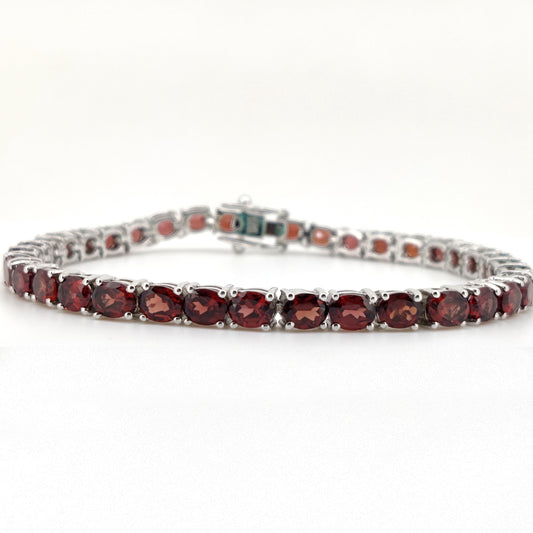 Natural Garnet Tennis Bracelet, 925 Sterling Silver, January Birthstone, Oval Red Gemstone Jewelry